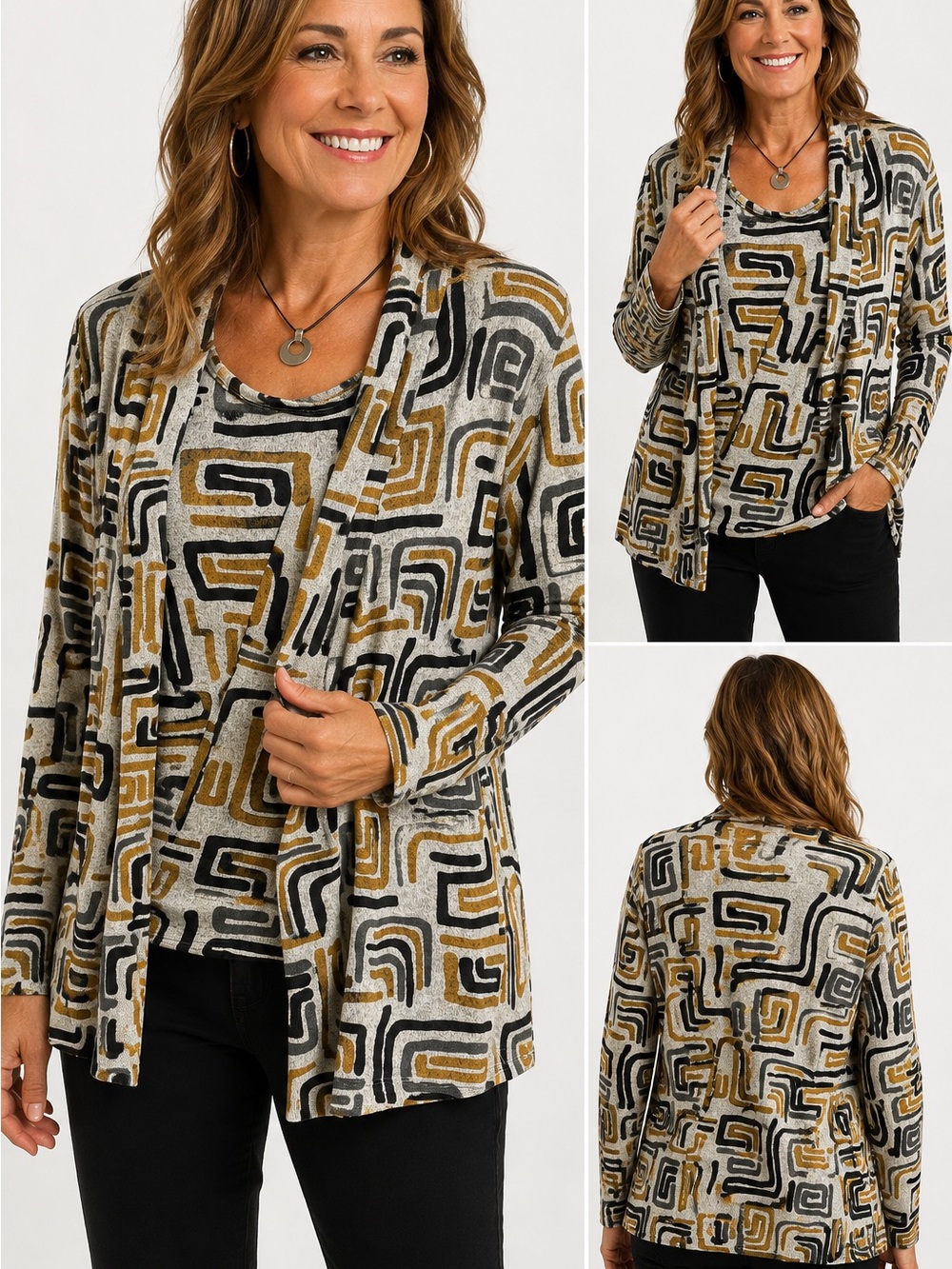 Multiples Geometric Print Cardigan & Built-In Tank Top Size L